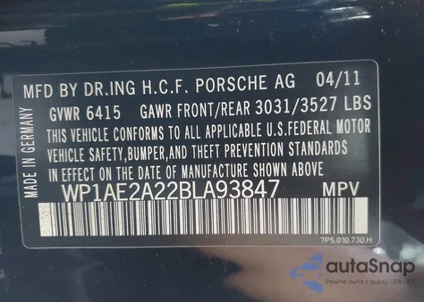 2011 Porsche Cayenne Hybrid S from USA, damaged, VIN WP1AE2A22BLA93847